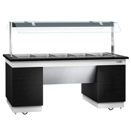 GGM Gastro Heated Bain Marie Buffet Counter DUBLIN - 2000mm - with Bain Marie Well + Flat Glass Sneeze Guard - on Castors - for 5x GN 1/1 - Black