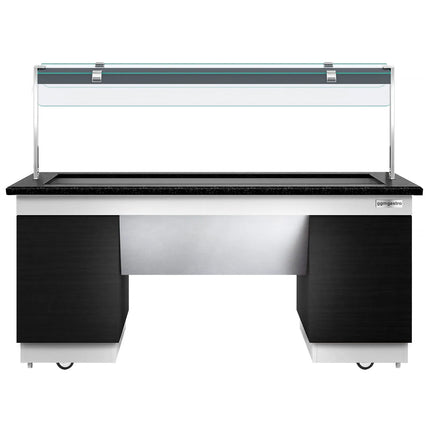 GGM Gastro Heated Bain Marie Buffet Counter DUBLIN - 2000mm - with Bain Marie Well + Flat Glass Sneeze Guard - on Castors - for 5x GN 1/1 - Black