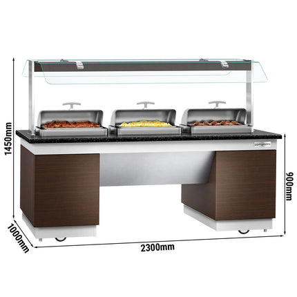 GGM Gastro Heated Bain Marie Buffet Counter DUBLIN - 2300mm - with 3 Chafing Dishes - on Castors - Brown