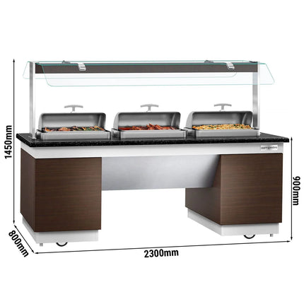 GGM Gastro Heated Bain Marie Buffet Counter DUBLIN - 2300mm - with 3 Chafing Dishes - on Castors - Brown