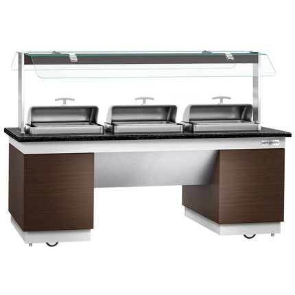 GGM Gastro Heated Bain Marie Buffet Counter DUBLIN - 2300mm - with 3 Chafing Dishes - on Castors - Brown