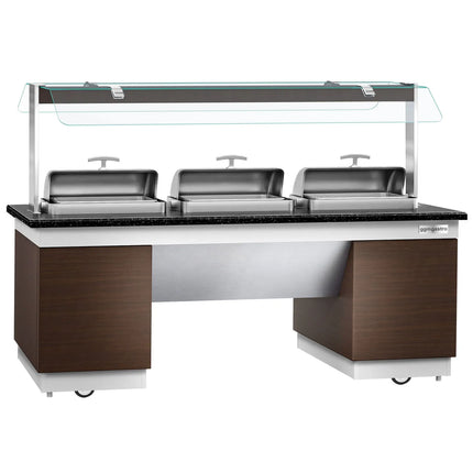 GGM Gastro Heated Bain Marie Buffet Counter DUBLIN - 2300mm - with 3 Chafing Dishes - on Castors - Brown