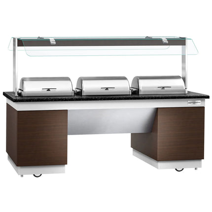GGM Gastro Heated Bain Marie Buffet Counter DUBLIN - 2300mm - with 3 Chafing Dishes - on Castors - Brown