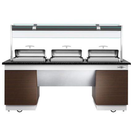 GGM Gastro Heated Bain Marie Buffet Counter DUBLIN - 2300mm - with 3 Chafing Dishes - on Castors - Brown