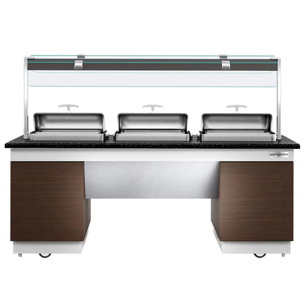 GGM Gastro Heated Bain Marie Buffet Counter DUBLIN - 2300mm - with 3 Chafing Dishes - on Castors - Brown
