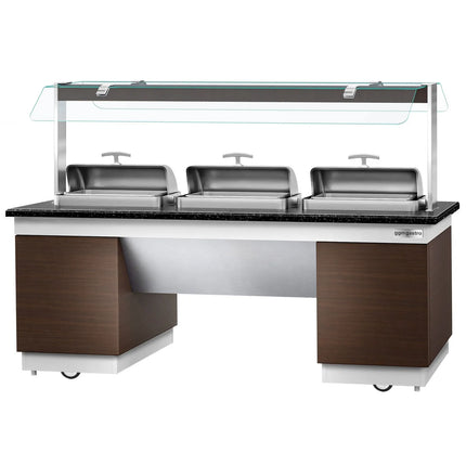 GGM Gastro Heated Bain Marie Buffet Counter DUBLIN - 2300mm - with 3 Chafing Dishes - on Castors - Brown
