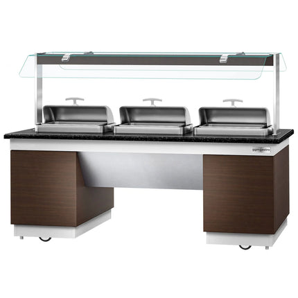 GGM Gastro Heated Bain Marie Buffet Counter DUBLIN - 2300mm - with 3 Chafing Dishes - on Castors - Brown