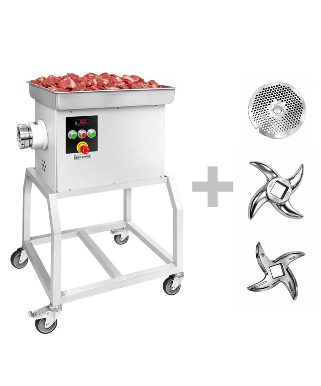 GGM Gastro Heavy Duty Electric Meat Mincer - Size 32 - 600kg/h - 3 kW - 236rpm - Mincing Plate 3.5mm - with Castors - with Cooling System
