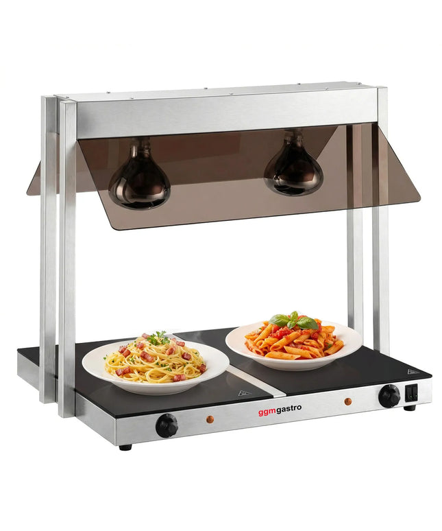 GGM Gastro Hot Plate Stainless Steel with Ceramic Glass Surface - 730mm - 1.07 kW - with 2 Infrared Heat Lamps - with Toughened Glass Sneeze Screen