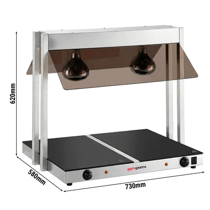GGM Gastro Hot Plate Stainless Steel with Ceramic Glass Surface - 730mm - 1.07 kW - with 2 Infrared Heat Lamps - with Toughened Glass Sneeze Screen