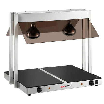 GGM Gastro Hot Plate Stainless Steel with Ceramic Glass Surface - 730mm - 1.07 kW - with 2 Infrared Heat Lamps - with Toughened Glass Sneeze Screen