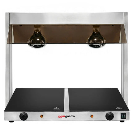 GGM Gastro Hot Plate Stainless Steel with Ceramic Glass Surface - 730mm - 1.07 kW - with 2 Infrared Heat Lamps - with Toughened Glass Sneeze Screen