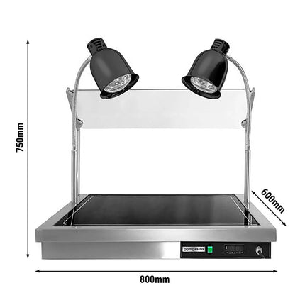 GGM Gastro Hot Plate - Stainless Steel - with Ceramic Glass Surface - 800mm - 1x GN 1/1 - 1.3 kW - with 2 Infrared Heat Lamps - with Toughened Glass Sneeze Screen