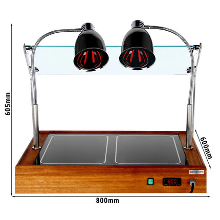 GGM Gastro Hot Plate - Wood Effect - with Ceramic Glass Surface - 800mm - 1x GN 1/1 - 1.3 kW - with 2 Infrared Heat Lamps - with Toughened Glass Sneeze Screen
