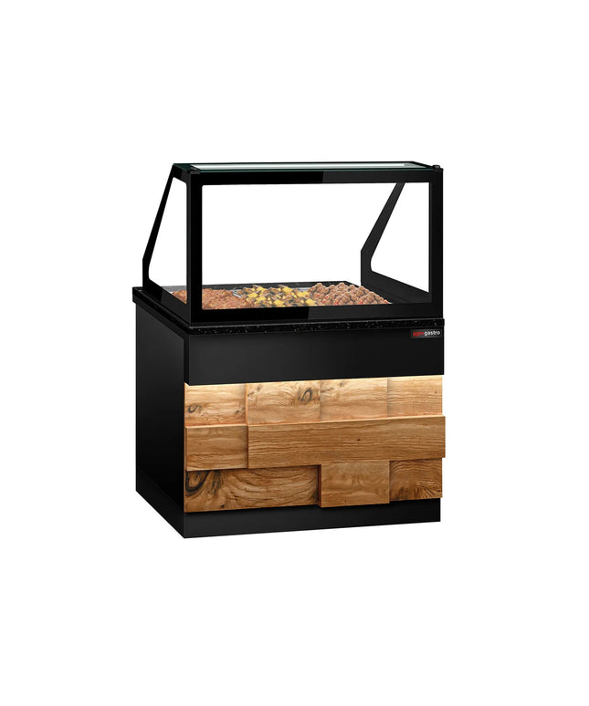 GGM Gastro Hot Servery Counter TORONTO - 1250mm - wood front - Bain Marie Top for 3x GN 1/1 - Black Granite Worktop