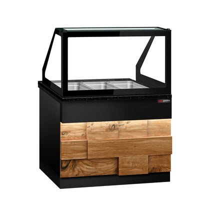 GGM Gastro Hot Servery Counter TORONTO - 1250mm - wood front - Bain Marie Top for 3x GN 1/1 - Black Granite Worktop
