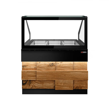 GGM Gastro Hot Servery Counter TORONTO - 1250mm - wood front - Bain Marie Top for 3x GN 1/1 - Black Granite Worktop