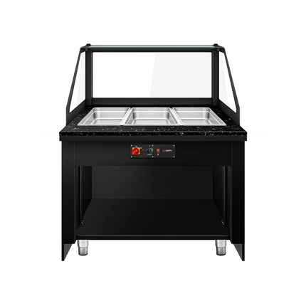 GGM Gastro Hot Servery Counter TORONTO - 1250mm - wood front - Bain Marie Top for 3x GN 1/1 - Black Granite Worktop