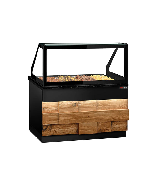GGM Gastro Hot Servery Counter TORONTO - 1500mm - wood front - Bain Marie Top for 4x GN 1/1 - Black Granite Worktop