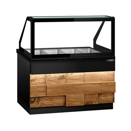 GGM Gastro Hot Servery Counter TORONTO - 1500mm - wood front - Bain Marie Top for 4x GN 1/1 - Black Granite Worktop