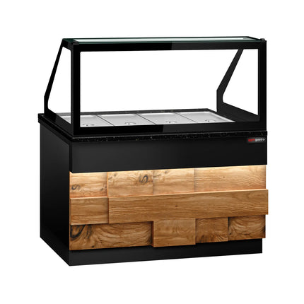 GGM Gastro Hot Servery Counter TORONTO - 1500mm - wood front - Bain Marie Top for 4x GN 1/1 - Black Granite Worktop