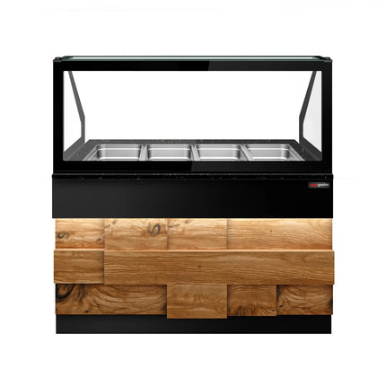 GGM Gastro Hot Servery Counter TORONTO - 1500mm - wood front - Bain Marie Top for 4x GN 1/1 - Black Granite Worktop