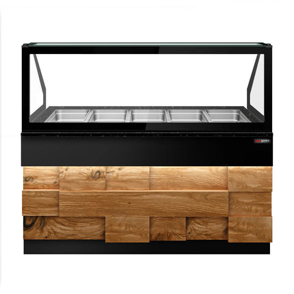 GGM Gastro Hot Servery Counter TORONTO - 1800mm - wood front - Bain Marie Top for 5x GN 1/1 - Black Granite Worktop