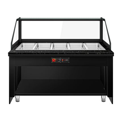 GGM Gastro Hot Servery Counter TORONTO - 1800mm - wood front - Bain Marie Top for 5x GN 1/1 - Black Granite Worktop
