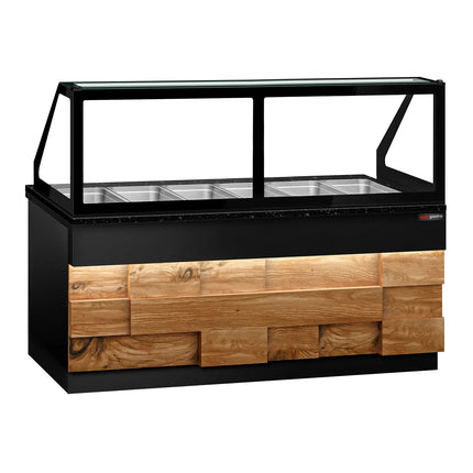 GGM Gastro Hot Servery Counter TORONTO - 2100mm - wood front - Bain Marie Top for 6x GN 1/1 - Black Granite Worktop