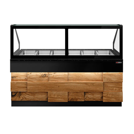 GGM Gastro Hot Servery Counter TORONTO - 2100mm - wood front - Bain Marie Top for 6x GN 1/1 - Black Granite Worktop