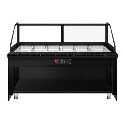 GGM Gastro Hot Servery Counter TORONTO - 2100mm - wood front - Bain Marie Top for 6x GN 1/1 - Black Granite Worktop