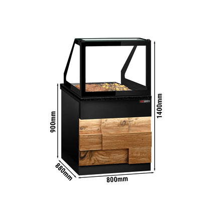 GGM Gastro Hot Servery Counter TORONTO - 800mm - wood front - Bain Marie Top for 2x GN 1/1 - Black Granite Worktop