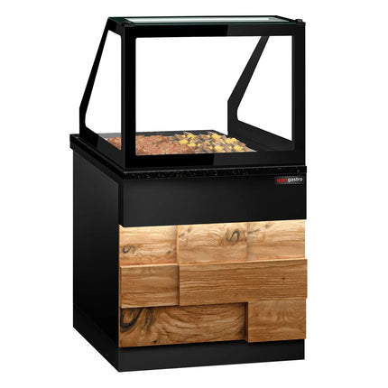 GGM Gastro Hot Servery Counter TORONTO - 800mm - wood front - Bain Marie Top for 2x GN 1/1 - Black Granite Worktop