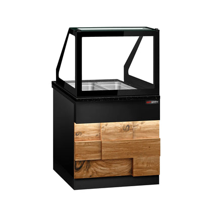 GGM Gastro Hot Servery Counter TORONTO - 800mm - wood front - Bain Marie Top for 2x GN 1/1 - Black Granite Worktop