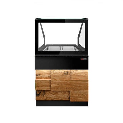 GGM Gastro Hot Servery Counter TORONTO - 800mm - wood front - Bain Marie Top for 2x GN 1/1 - Black Granite Worktop