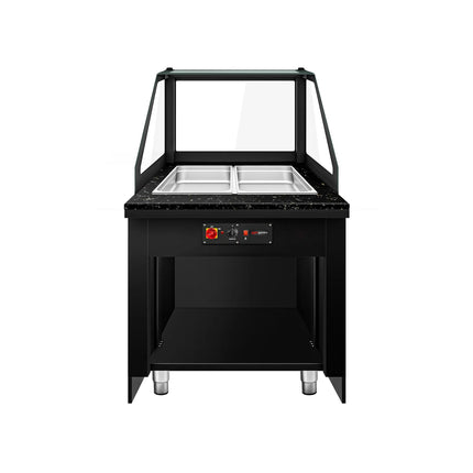 GGM Gastro Hot Servery Counter TORONTO - 800mm - wood front - Bain Marie Top for 2x GN 1/1 - Black Granite Worktop