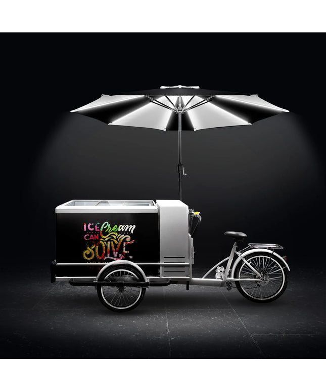 GGM Gastro Ice Cream Cart / Ice cream bike - with LED lighting - with LED-lit umbrella - for 7 x 5 litres Napoli pans - 2665mm