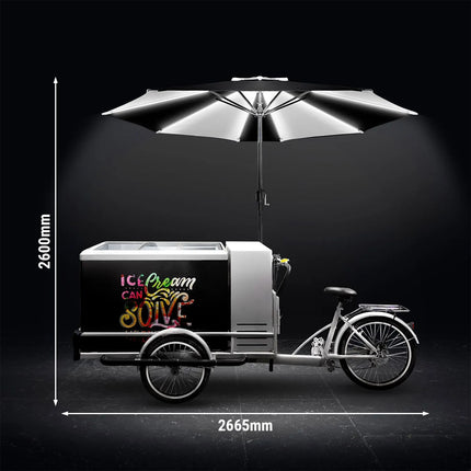 GGM Gastro Ice Cream Cart / Ice cream bike - with LED lighting - with LED-lit umbrella - for 7 x 5 litres Napoli pans - 2665mm