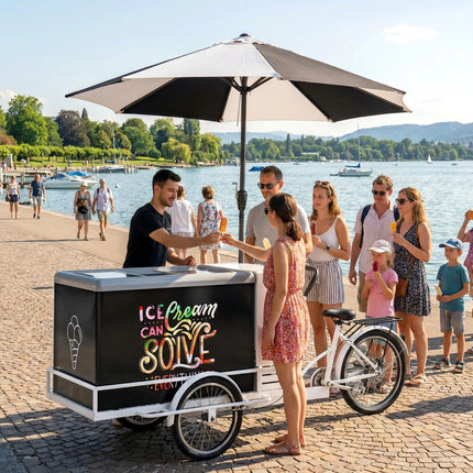 GGM Gastro Ice Cream Cart / Ice cream bike - with LED lighting - with LED-lit umbrella - for 7 x 5 litres Napoli pans - 2665mm