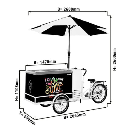GGM Gastro Ice Cream Cart / Ice cream bike - with LED lighting - with LED-lit umbrella - for 7 x 5 litres Napoli pans - 2665mm