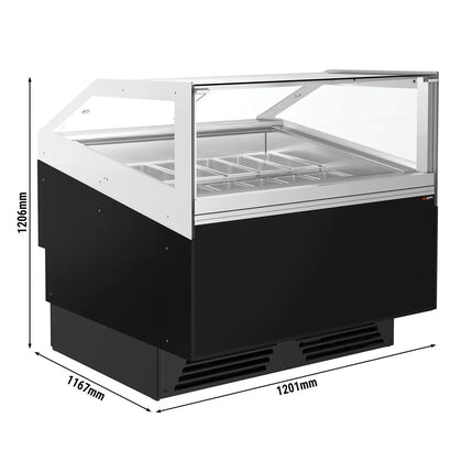 GGM Gastro Ice Cream Display Freezer | ADAM - 1200mm - Ventilated cooling - with LED lighting - for 12 x 5 litres Napoli pans or 8 x 7 litres - Black
