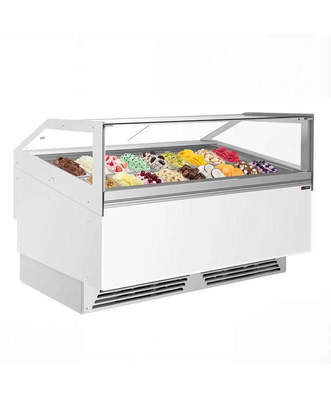 GGM Gastro Ice Cream Display Freezer | ADAM - 1700mm - Ventilated cooling - with LED lighting - for 18 x 5 litres Napoli pans or 12 x 7 litres - White - curved glass canopy