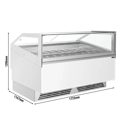 GGM Gastro Ice Cream Display Freezer | ADAM - 1700mm - Ventilated cooling - with LED lighting - for 18 x 5 litres Napoli pans or 12 x 7 litres - White - curved glass canopy