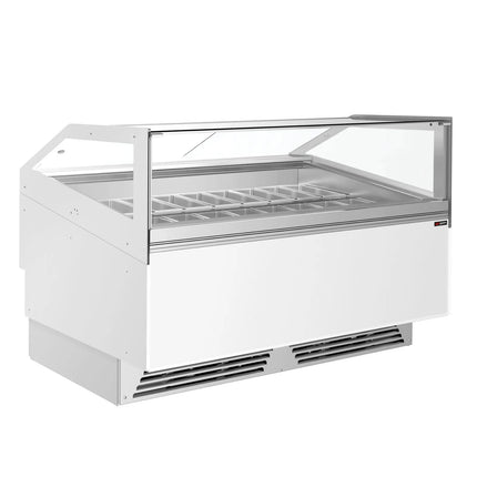 GGM Gastro Ice Cream Display Freezer | ADAM - 1700mm - Ventilated cooling - with LED lighting - for 18 x 5 litres Napoli pans or 12 x 7 litres - White - curved glass canopy