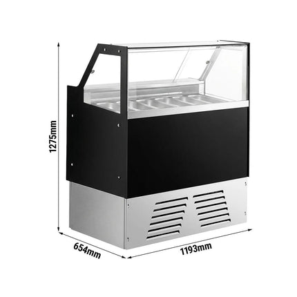 GGM Gastro Ice Cream Display Freezer | EMMA - 1190mm - Ventilated cooling - with LED lighting - for 6 x 5 litres Napoli pans or 4 x 7 litres - Black - rear sliding doors
