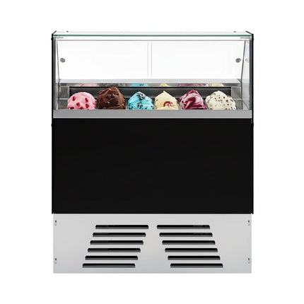 GGM Gastro Ice Cream Display Freezer | EMMA - 1190mm - Ventilated cooling - with LED lighting - for 6 x 5 litres Napoli pans or 4 x 7 litres - Black - rear sliding doors