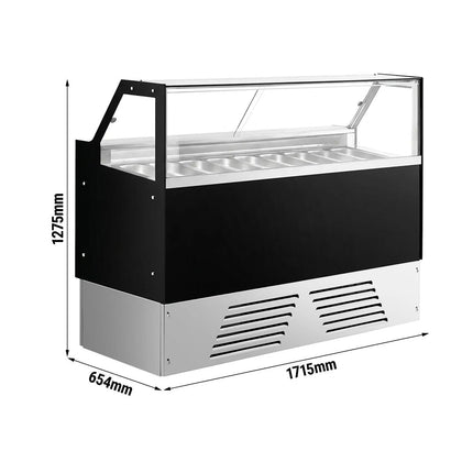 GGM Gastro Ice Cream Display Freezer | EMMA - 1715mm - Ventilated cooling - with LED lighting - for 9 x 5 litres Napoli pans or 6 x 7 litres - Black - rear sliding doors