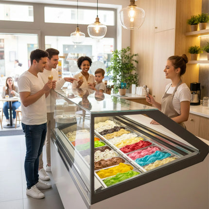 GGM Gastro Ice Cream Display Freezer | IVY - 1606mm - Ventilated cooling - with LED lighting - for 16 x 5 litres Napoli pans - White