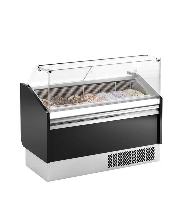 GGM Gastro Ice Cream Display Freezer | LEVI - 1620mm - Static cooling - with LED lighting - for 9+9 x 5 litres Napoli pans - Black