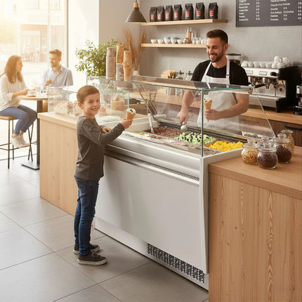 GGM Gastro Ice Cream Display Freezer | LIAM - 1310mm - Static cooling - with LED lighting - for 10 x 5 litres Napoli pans - White